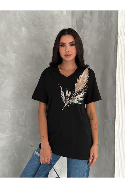 Esra Butik Hane Women's Black V-Neck Leaf Embroidered Sequin Sequin Embroidered 100% Cotton Large Size T-Shirt