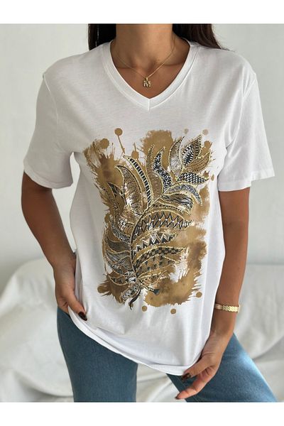 Esra Butik Hane Women's White V-Neck Large Size Leaf Embroidered Sequin Sequin Embroidered 100% Cotton Large Size T-Shirt