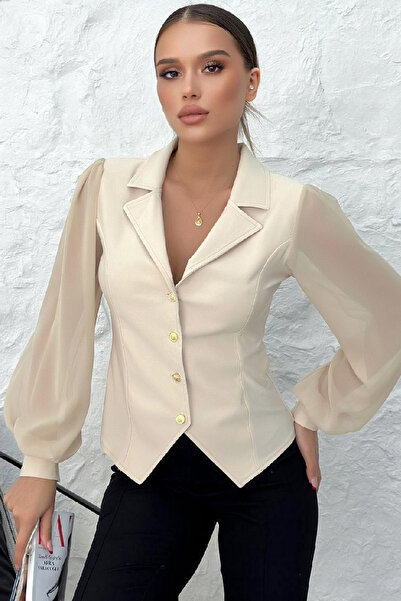 MissThetis Ceket Yaka Metal Düğmeli Uzun Şifon Balon Kol Şık ve Cool Likralı ...