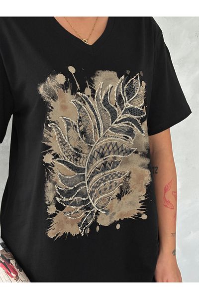 Esra Butik Hane Tricou de damă, negru, cu decolteu în V, cu frunze brodate, cu paiete, brodat, 100% bumbac