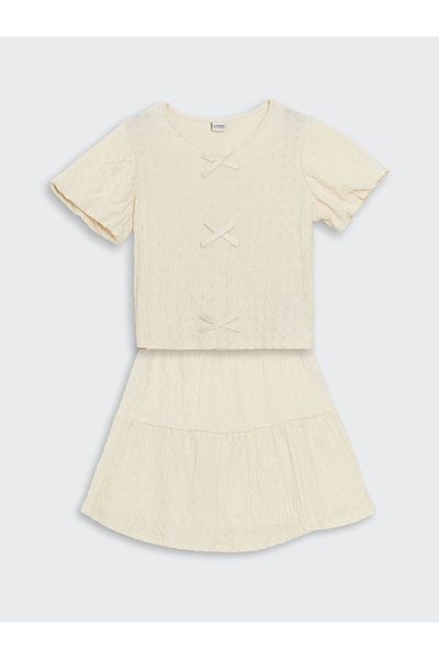 LC Waikiki Lcw Crew Neck Bow Detail Girls Blouse and Skirt Fast Fashion