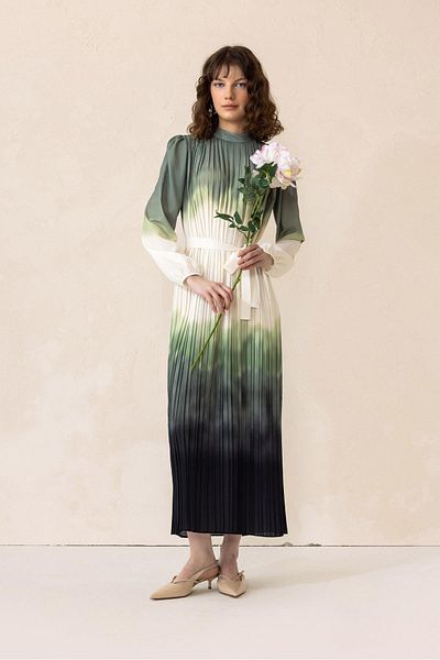 Olcay Rochie verde cu model Tie Dye - Plis lung 9304-E