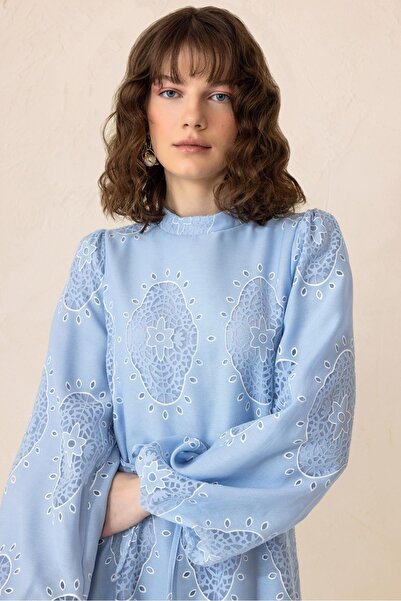 Olcay Rochie lungă cu mâneci și gura adunată cu detaliu guipur ALBASTRU 9301-E