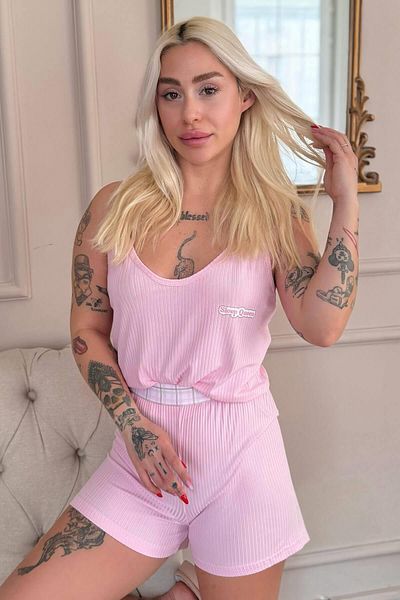 Pijamaevi Pink Douce Dream Patterned Knitted Rope Strap Shorts Women's Pajama Set