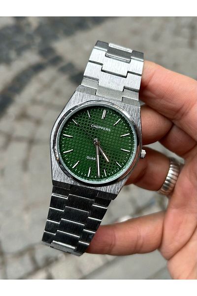 Choppers Green Round Dial Detail Silver Color Steel Case and Band Wristwatch with Stylish and Modern Design