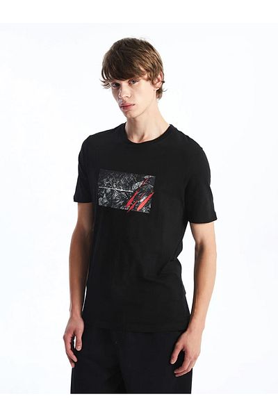 LC Waikiki Tricou pentru bărbați din bumbac pieptănat cu mânecă scurtă, negru, cu decolteu, XSIDE