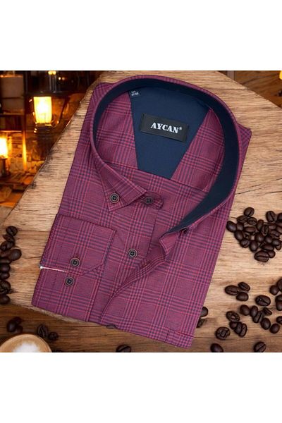 EREN STYLE Cămașă pentru bărbați din bumbac cu mânecă lungă, roșu Claret (Slim Fit Fit)