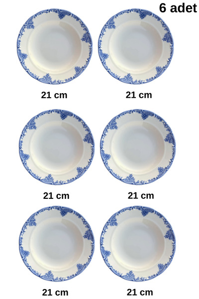 porselenden Antique Baby Blue 6 kişilik 21 cm Özel Tasarım Premium Porselen Çukur Yemek Tabağı Takımı Mavi