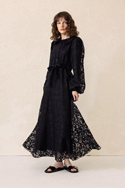 Olcay Dětský límec Balónový rukáv Guipure Fabric Dlouhé šaty ČERNÁ 9300-E