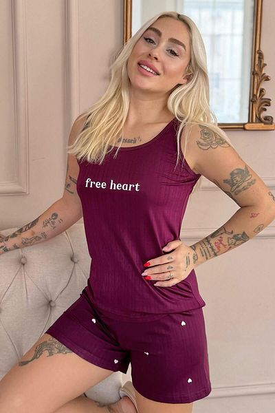 Pijamaevi Pflaume Free Heart Gemusterte Shorts Marlenka Damen Pyjama Set