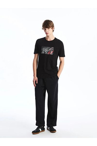 LC Waikiki Tricou pentru bărbați din bumbac pieptănat cu mânecă scurtă, negru, cu decolteu, XSIDE