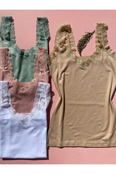 LEYNA BUTİK Βαμβακερό ύφασμα Modal Lace Strap V-Neck Box Συσκευασία 4 τεμαχίων Γυναικείο εσώρουχο σε χρώμα δέρμα, λευκό, πράσινο, πούδρα