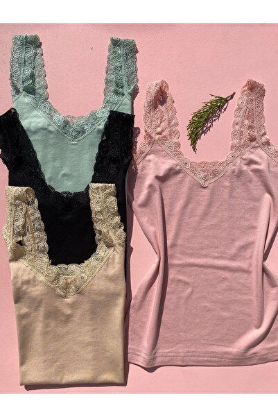 LEYNA BUTİK Țesătură modal din bumbac, curea din dantelă, cu decolteu în V, c...