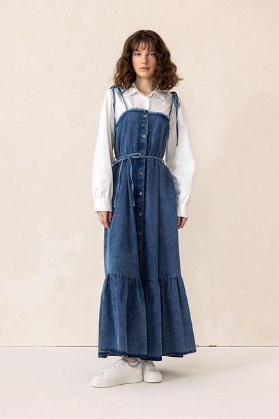 Olcay Rochie din Denim - Cămașă - Fusta cu Volane Albastru 9305-E