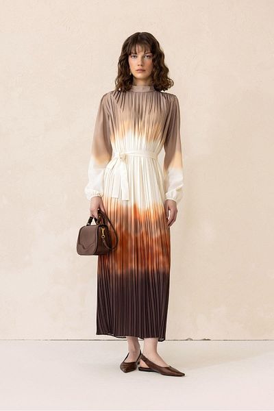 Olcay Batik Patterned Pleated Long Dress Brown 9304-E