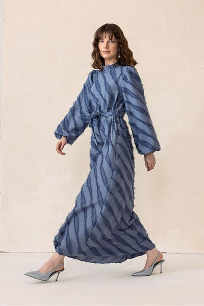 Olcay Blue 9299-E Long Dress - Tadriz Detail with Attack to Beauty