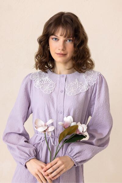 Olcay Jacquard Long Dress with Scallop Detail Lila 9298-E