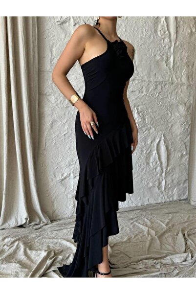 JANES Rochie cu trandafiri negri cu croi asimetric