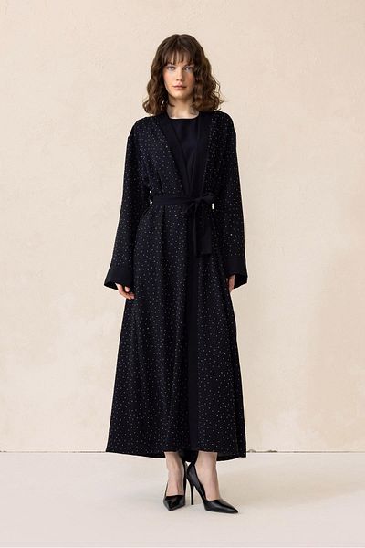 Olcay Set Abaya din crepon cu pânză de piatră - NEGRU 6732