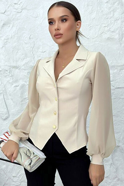 MissKybele Çentikli Ceket Yakalı Metal Düğme Kapamalı Uzun Balon Tül Şifon Ko...