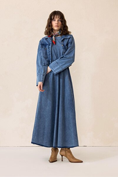 Olcay Blue Jacket Dress Denim Double Suit 9303-Tk