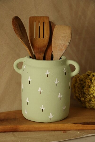 Hoyatap El Yapımı Duru Yeşil Sade Çiçek Desenli Soft Kaşıklık & Vazo