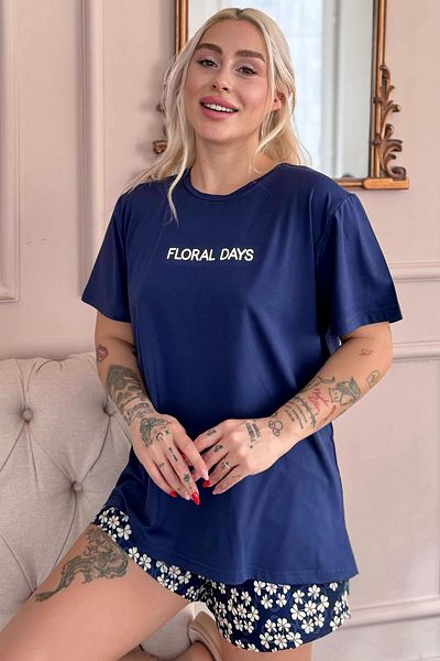 Pijamaevi Navy Blue Floral Days Patterned Short Sleeve Knitted Women's Pajama Set with Shorts