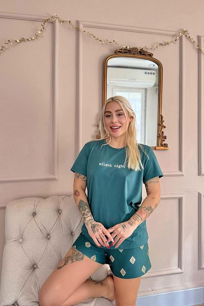 Pijamaevi Emerald Silent Patterned Short Sleeve Shorts Knitted Women's Pajamas Set