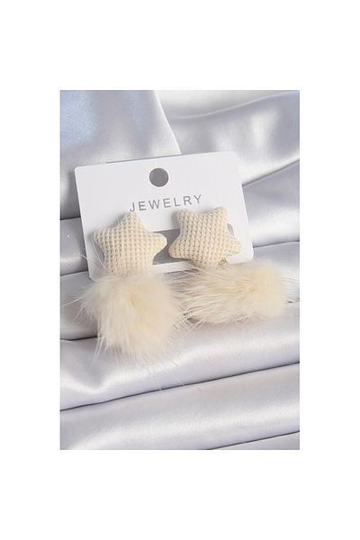 Skygo Cream Colored Feather Pompom Model Women's Earrings - Tj-Bkp9554