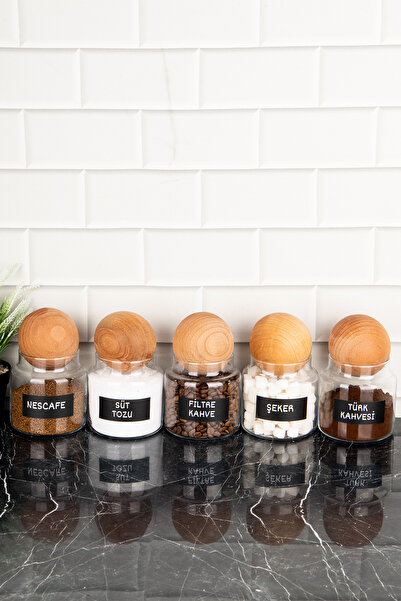 DNS HOME 5-Piece Coffee Corner Set Glass Jar Set with Wooden Ball Lid and Label Storage Container 500 ml
