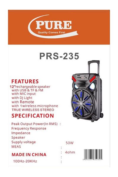 Pure مكبر صوت قابل لإعادة الشحن PRS-235 بشاشة LED مقاس 12 بوصة
