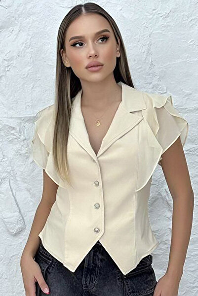 CoolLook Metal Düğmeli Kısa Kol Kolları Fırfır Tül Detay Bel Oturtmalı Kalıp ...