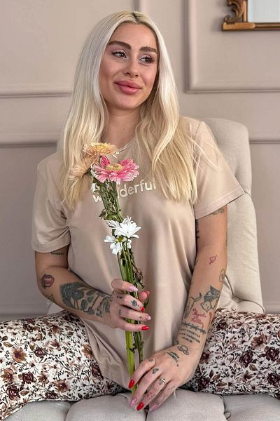 Pijamaevi Beige Wonderful Patterned Short Sleeve Knitted Women's Pajamas Set