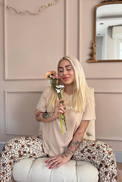 Pijamaevi Beige Wonderful Patterned Short Sleeve Knitted Women's Pajamas Set