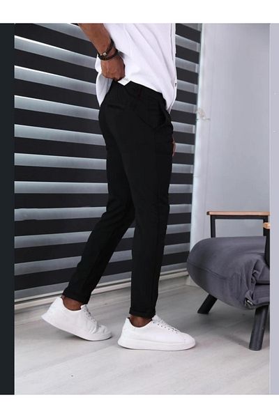 Boi Men's Lucian Black Elastic Waist Slim Fit Cut Crepe Fabric Trousers - Regular Leg Summer