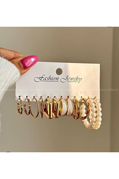 Perry Accesories 12 adet incili halka küpeli klipsli kombin küpe seti çoklu inci küpe kadın küpe