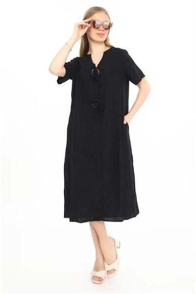 EREN STYLE Λινό φόρεμα Bohemian με μισό μανίκι με λαιμόκοψη V με λεπτομέρεια