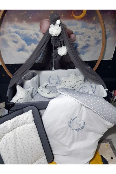 70x110 Embroidered Baby Bedding Set with Name - Luxury Mosquito Net and Apparatus - Virgo Wheat Motif