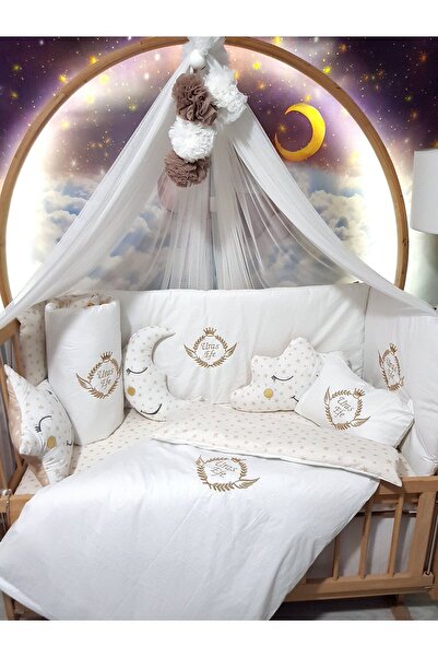 60x120 Embroidered Baby Bedding Set with Name - Luxury Mosquito Net and Apparatus - Virgo Crown Motif
