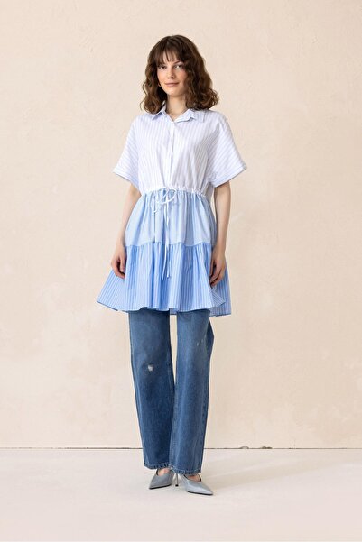 Olcay Striped Poplin Tunic - Short Sleeve, Drawstring Waist, Blue 9282