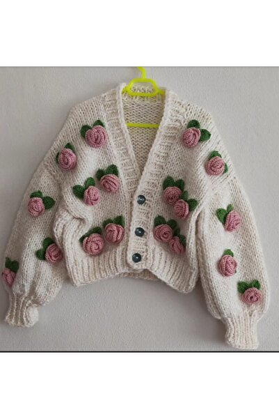 Melonndesign Cardigan pentru femei tricotat manual cu detalii trandafiri, car...