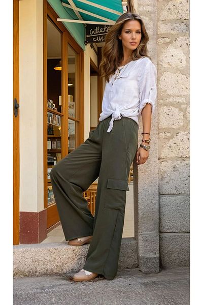 Pasaklı Giyim Women's Khaki Kupra Fabric Pocket Elastic Waist Wide Leg Cargo Pants 3600270