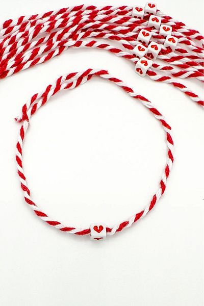 FUDER Red White Rope Square Heart Beaded Martenitska Luck Bracelet (10 Pcs)