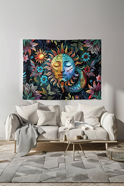 Nivendi Gülümseyen Güneş Canlı Renkli , Kumaş Duvar Örtüsü Ev Dekorasyon Duva...