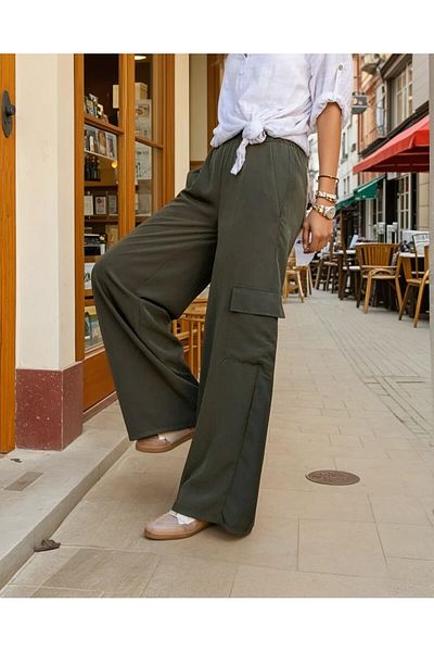 Pasaklı Giyim Women's Khaki Kupra Fabric Pocket Elastic Waist Wide Leg Cargo Pants 3600270
