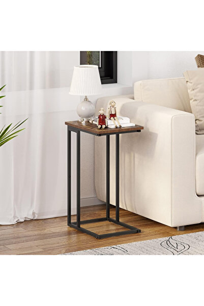 Generic Modern Coffee Table | C-Shaped Side Table with Brown Top and Black Metal Frame 60x30x40 cm