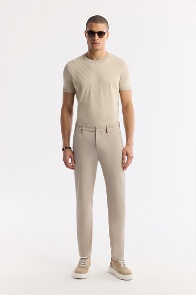 Avva Men's Beige Elastic Side Seersucker Nora Slim Fit Chino Trousers B 003033