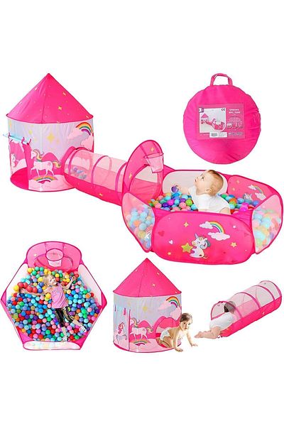 Yelajoy 3 Pcs Unicorn Tent Toy Set, With Basketball Hoop, Crawl Tunnel, Ball Pit, For Kids Play