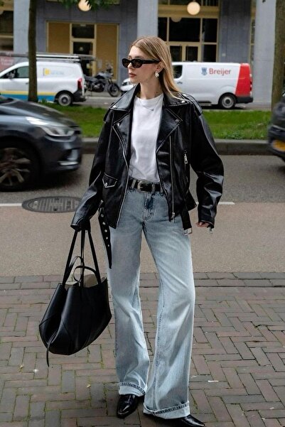 Jaglion Elvera Oversize hosszú női fekete bőrdzseki