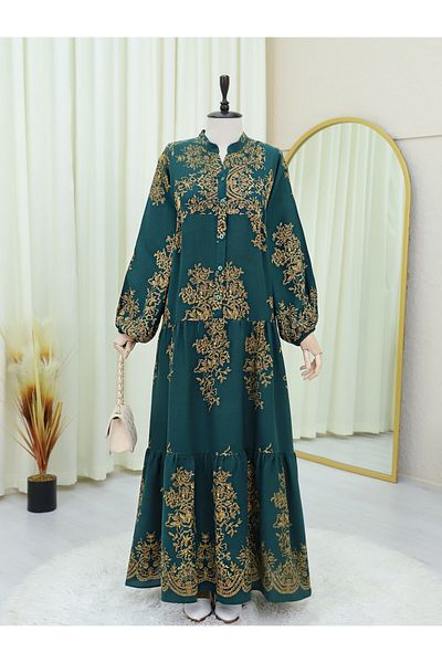 Modamorfo Emerald Stand Collar Half Button Fragmented Dress